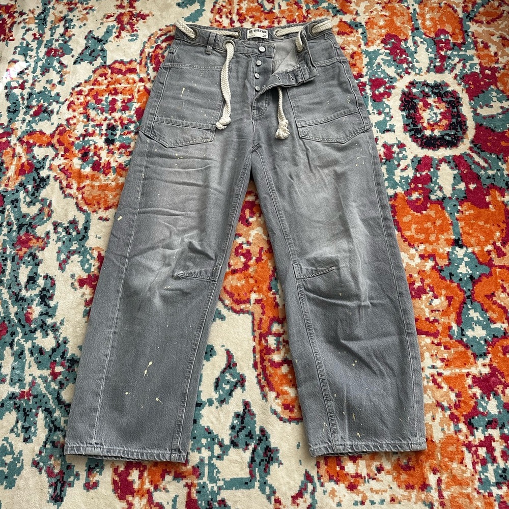 Free People Gray Button-Fly Jeans with Rope Drawstring